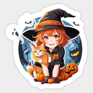 Magical Halloween Moment: Young Witch Cuddling a Black Ca Sticker